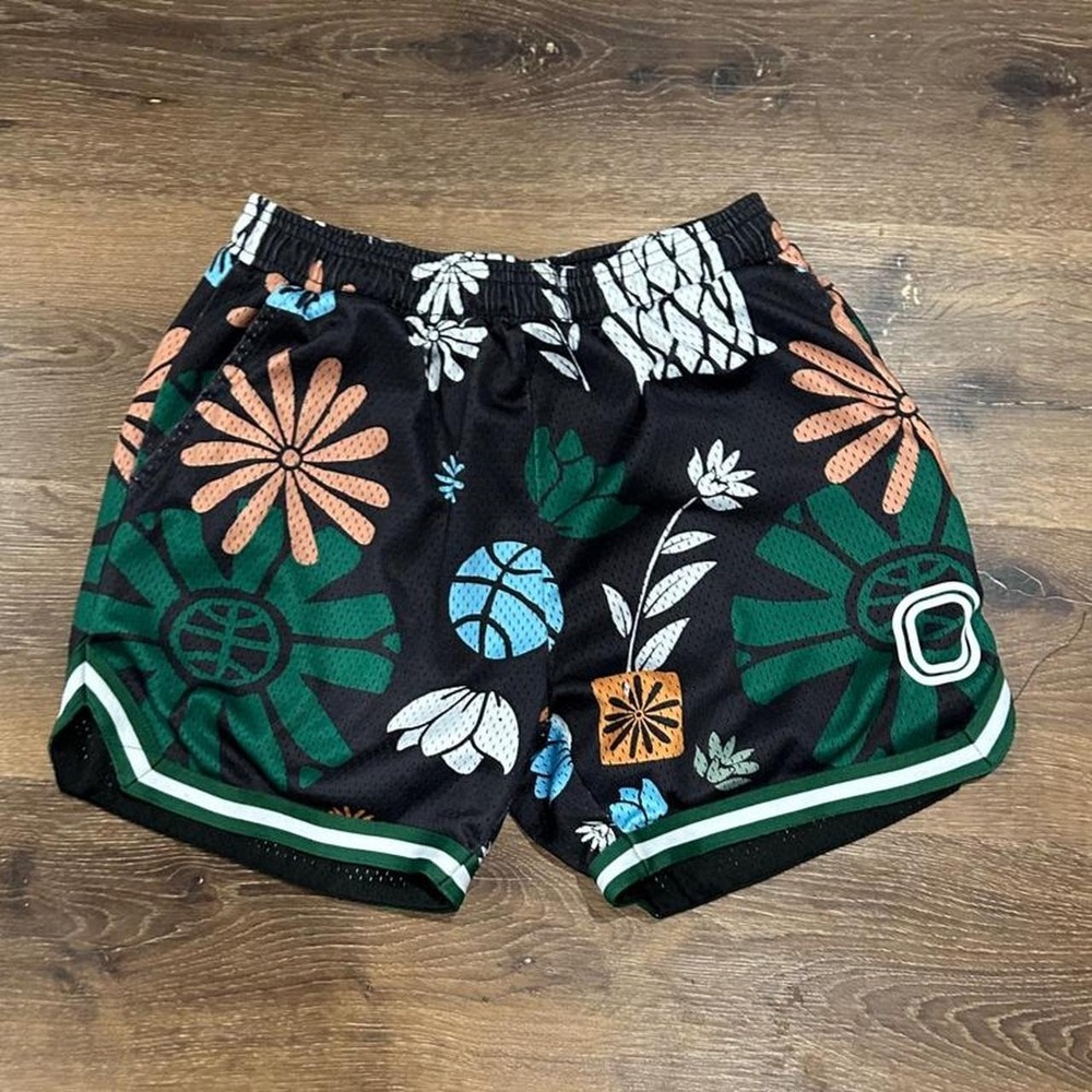 Overtime Hip Floral Mesh Basketball Shorts Black Green Orange Womens Streetwear